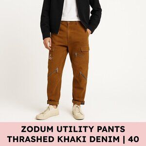 Zodum Denim Utility Cargo Workwear Pants Thrashed Brown Size 40 Gorpcore